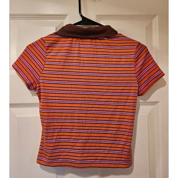 Size Small Button Up Top Collared Striped Tee 90's 70's Y2K Fashion No Comment - Picture 2 of 3
